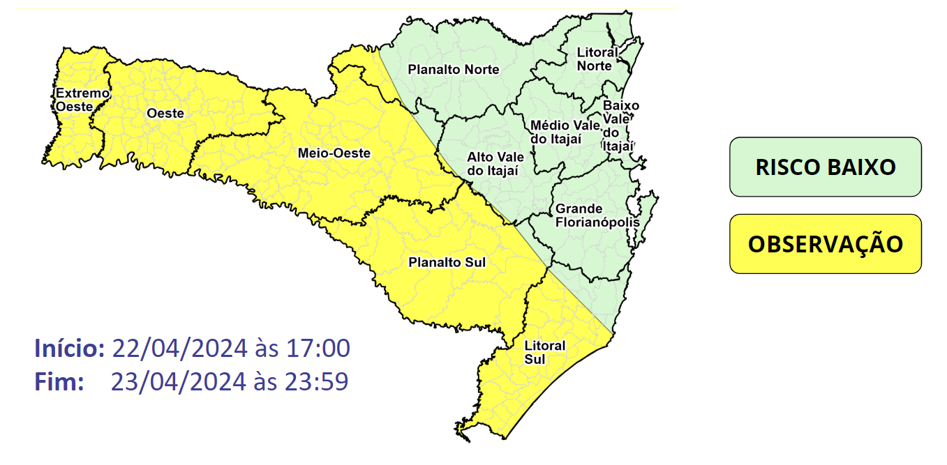 Observação Meteorológica SDC/SC 22/04 11:25 – Temporais isolados e chuva intensa entre a segunda (22) e a terça-feira (23)