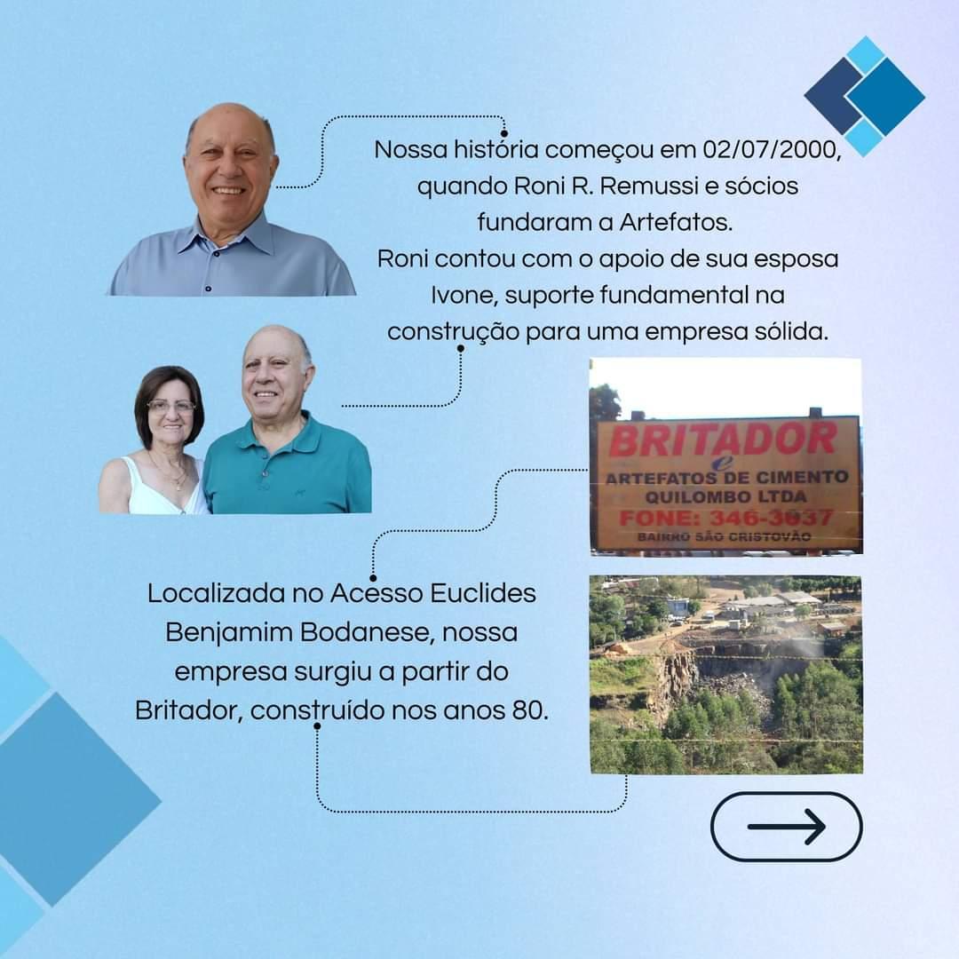 Artefatos de Cimento Quilombo - 25 anos de história junto a você cliente 