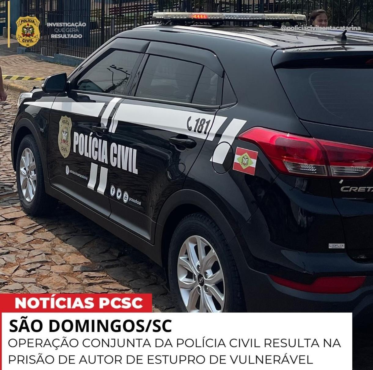 OPERAÇÃO CONJUNTA ENTRE A POLÍCIA CIVIL DE NAVEGANTES/SC E SÃO DOMINGOS/SC RESULTA NA PRISÃO DE AUTOR DE ESTUPRO DE VULNERÁVEL