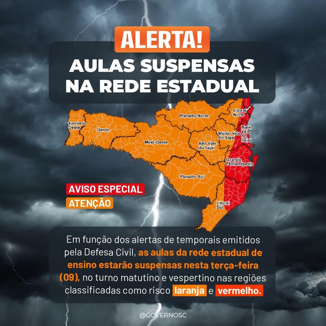 Aulas suspensas em Santa Catarina nesta terça (09) em virtude de um ciclone no Estado