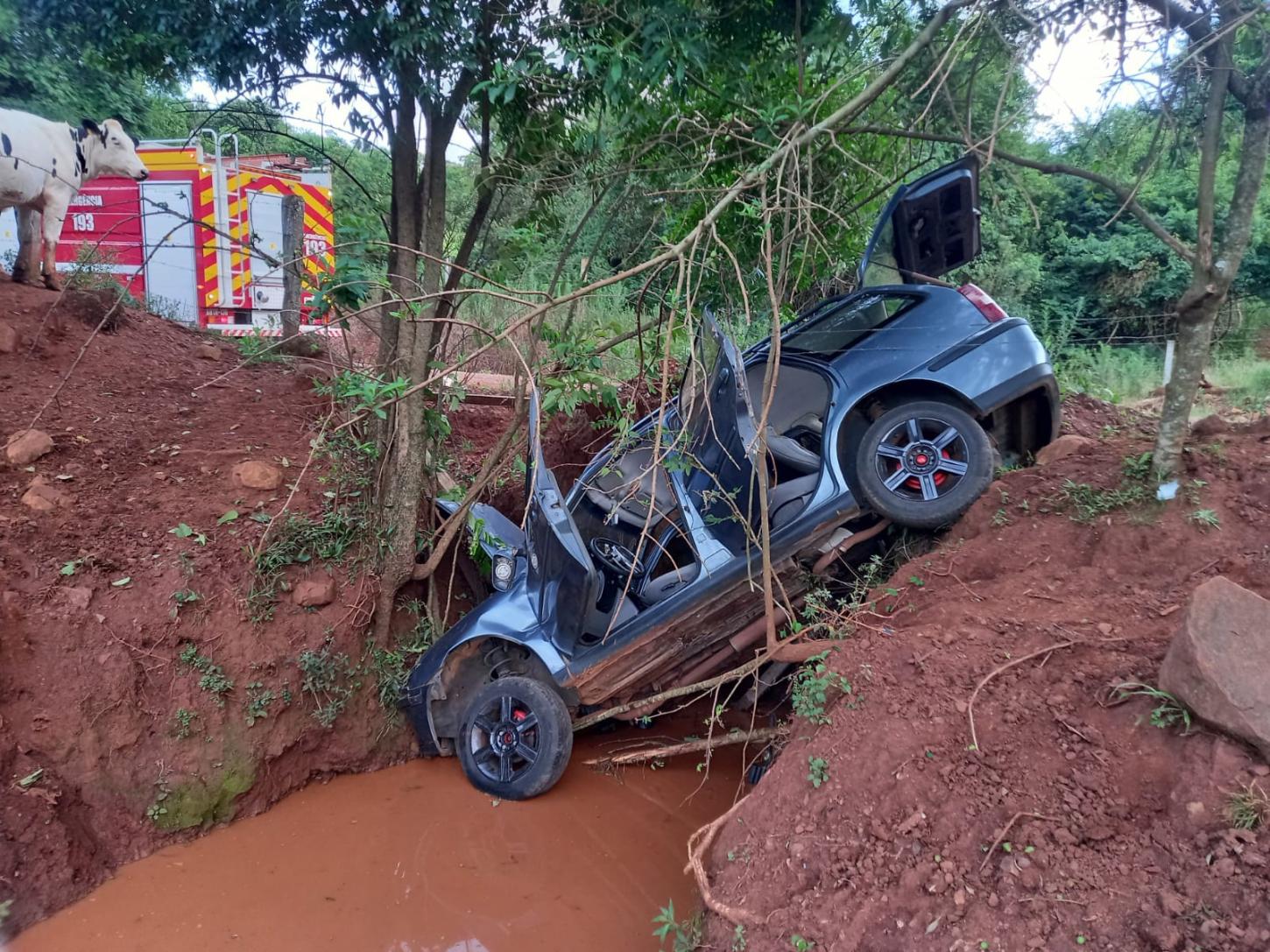Motorista perde o controle de veículo, sai da pista e cai em vala no interior de Coronel Martins/SC