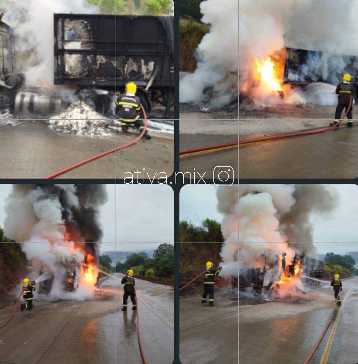 Carreta carregada com farinha de trigo fica destruída por incêndio na SC-305 em São Lourenço do Oeste