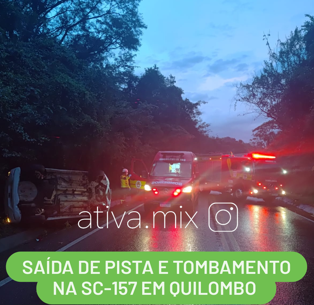 Motorista perde o controle de veículo saindo da pista e tombando na SC-157 em Quilombo