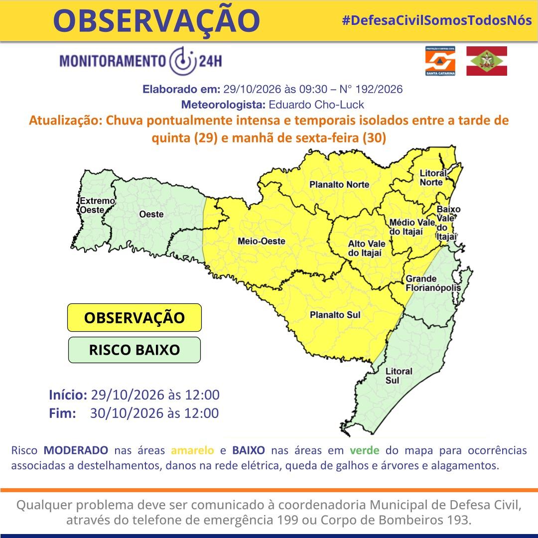 Chuva pontualmente intensa e temporais isolados entre a tarde de quinta (29) e manhã de sexta-feira (30)