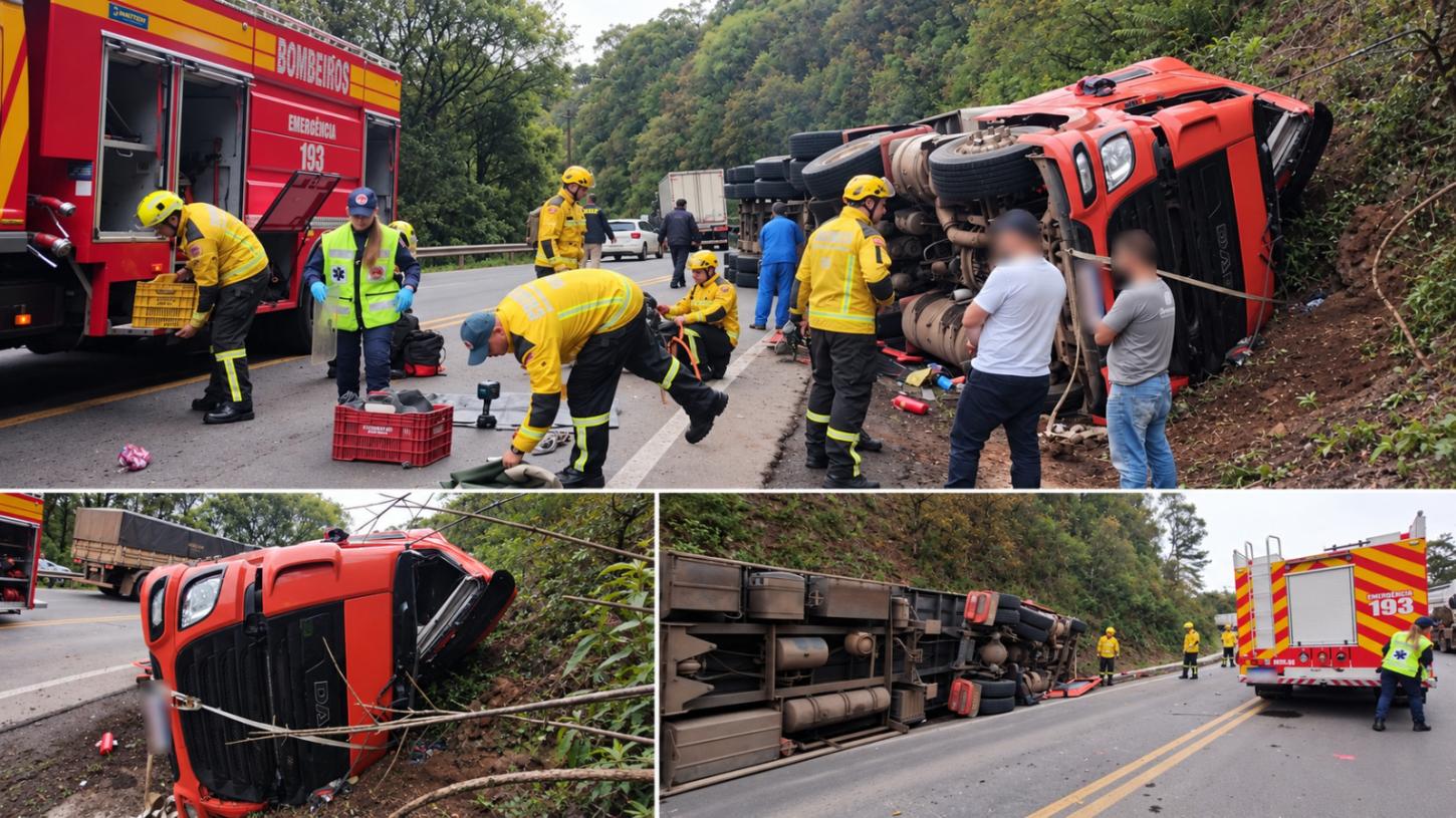 Motorista fica encarcerado em tombamento de carreta na BR-282 no Oeste de SC