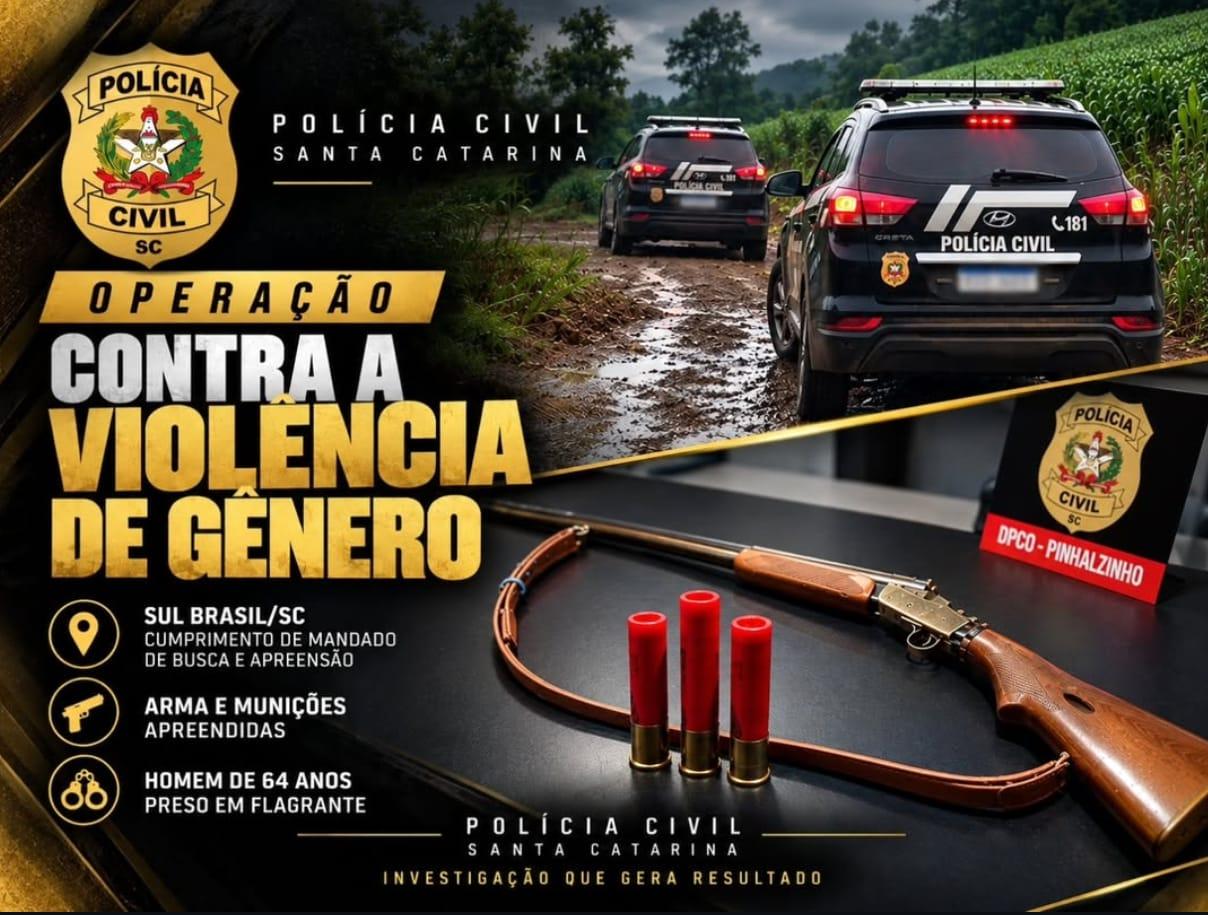 POLÍCIA CIVIL DE PINHALZINHO PRENDE HOMEM E APREENDE ARMA DE FOGO DURANTE OPERAÇÃO DE COMBATE À VIOLÊNCIA DOMÉSTICA