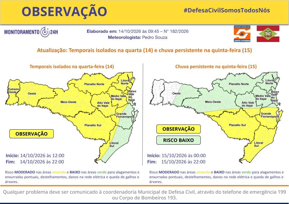 Temporais isolados na quarta (14) e chuva persistente na quinta-feira (15)